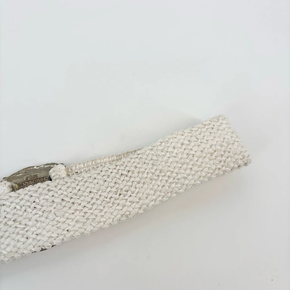 Vintage 80s Charmant Belt Oversized Buckle Woven‎ White Silver Pink Retro Large